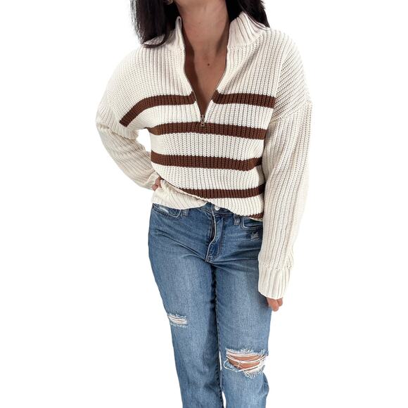 SANCTUARY Sweater Size M Sporty Zip Up Sweater Half Zip NEW Cream Ivory Brown - Picture 1 of 6